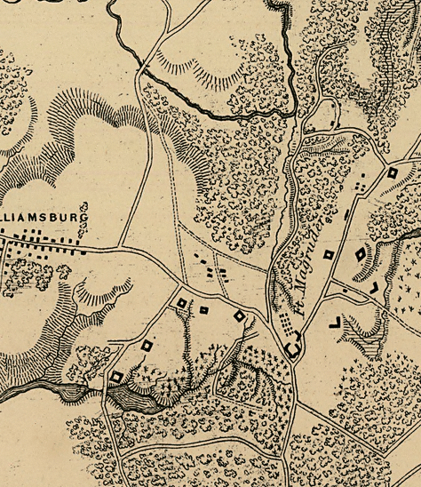 map of redoubts , Confedeerate defensive line, east of City of Williamsburg 